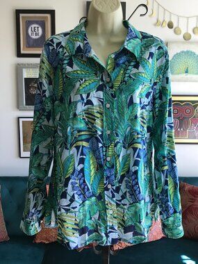SOFT SURROUNDINGS size L Green & Blue Tropical Leaves Linen Blend Jordan Shirt